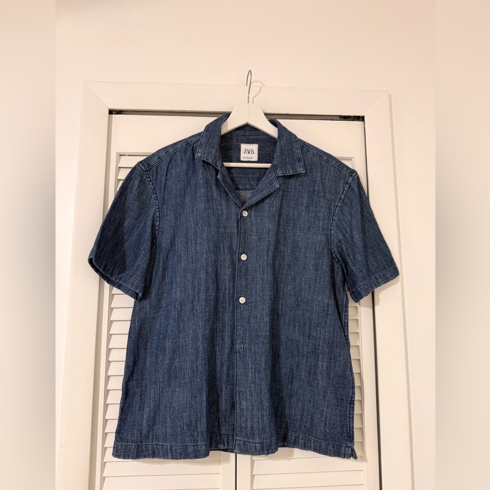 Zara Short Sleeve Denim Camp Shirt - Navy Blue